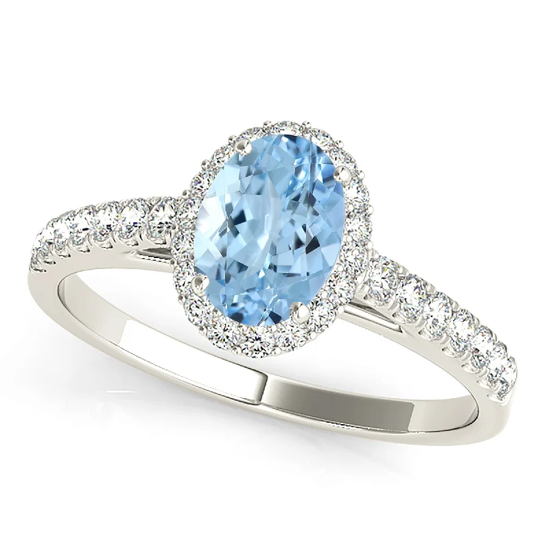 Double Band Ring-1.30 ct. Genuine Oval Aquamarine Ring With Halo and Delicate Dainty Diamond Band