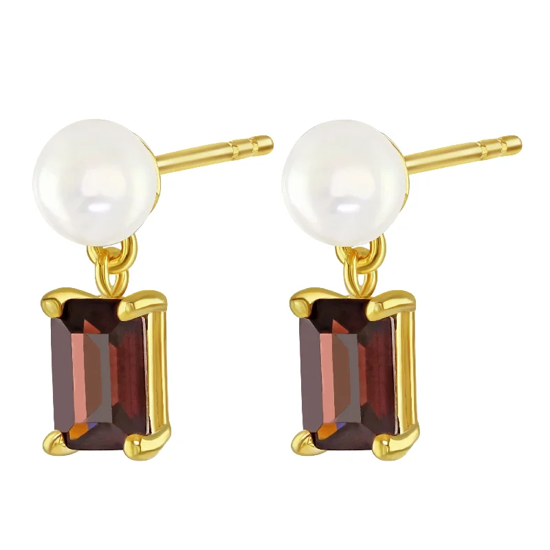 Cuff Style Earrings-Gold Vermeil Pearl and Coffee Cubic Zirconia Stud Drop Earrings