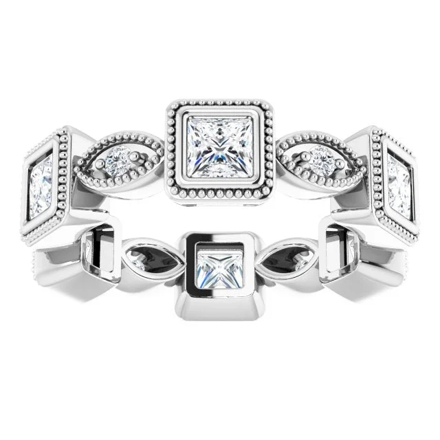 Personalized Couples Rings-2.00 ct. Princess & Round Diamond Eternity Band Milgrain Accent Ring