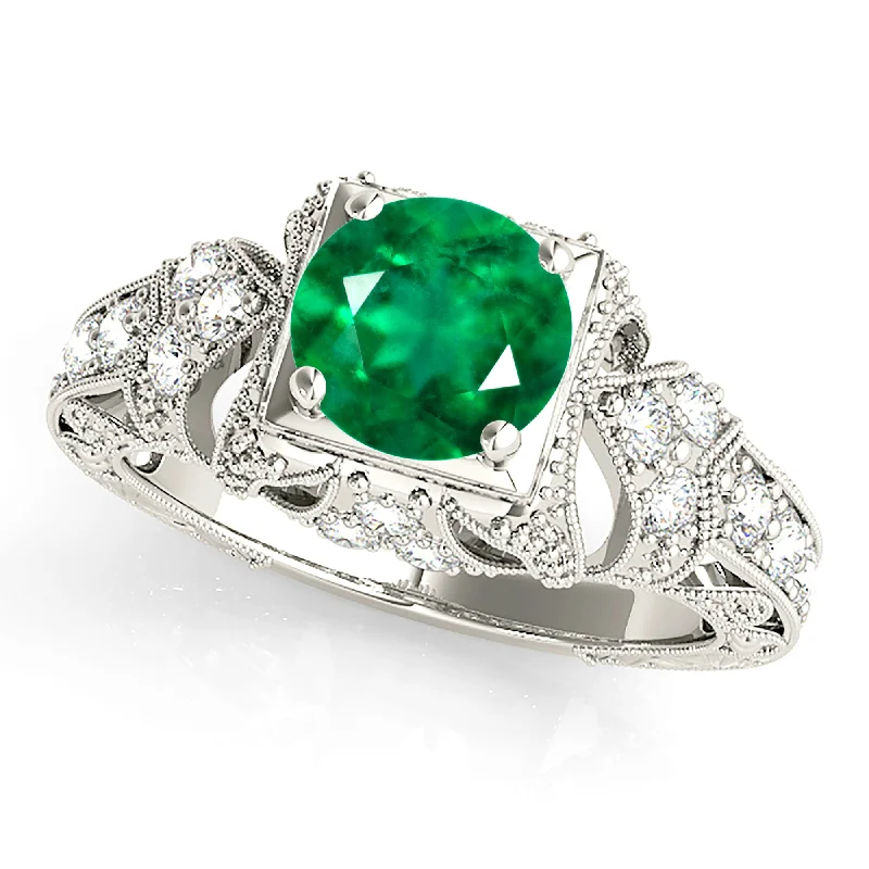 Elegant Sapphire Ring-1.15 ct. Genuine Solitaire Emerald Ring With Filigree And Milgrain Band