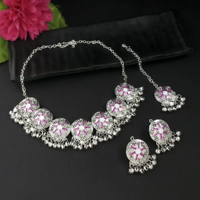 Heart Pendant Necklace with Diamonds-Kriaa Oxidised Plated Pink Meenakari Necklace Set With Maang Tikka - 1116016C