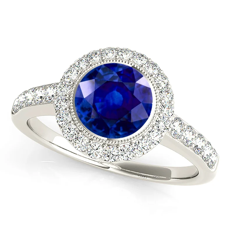 Custom Gemstone Ring-1.35 ct. Genuine Blue Sapphire Bezel Set Halo Ring