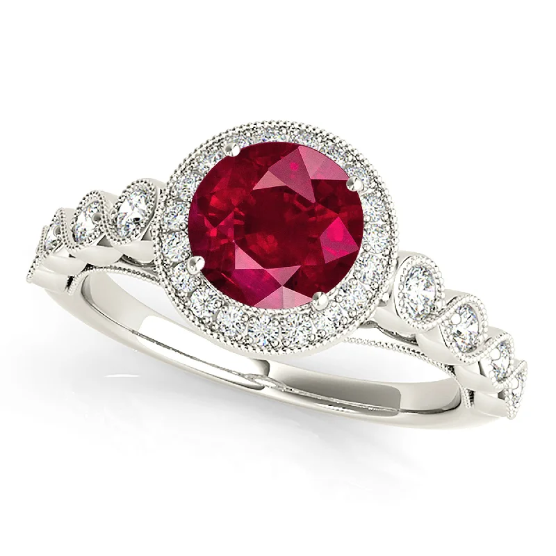 Elegant Round Diamond Ring-1.35 ct. Genuine Ruby Ring With Halo,Swirly Milgrain Diamond Band