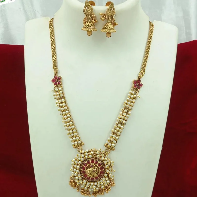 Adjustable Chain Necklace-FS Collection Gold Plated Pota Stone and Pearls Necklace Set