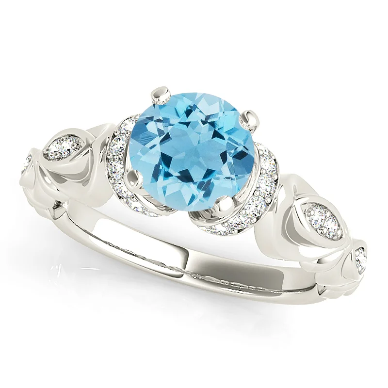 Gemstone Wedding Ring-1.75 ct. Genuine Aquamarine Ring With Hand Carved, Floral Delicate Band