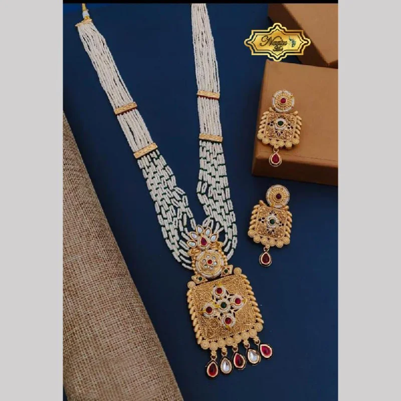 Elegant Gold Necklace-Neetu Art Gold Plated Pota Stone And Pearl Long Necklace Set