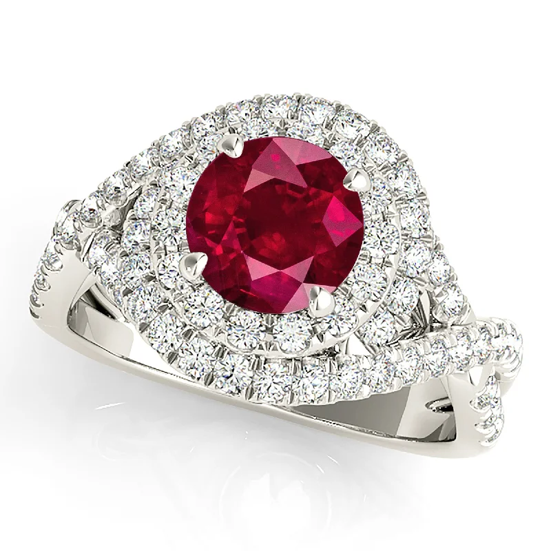 Modern Wedding Ring Set-1.35 ct. Genuine Ruby Ring With Wrap Around  Halo And Twist Diamond Band