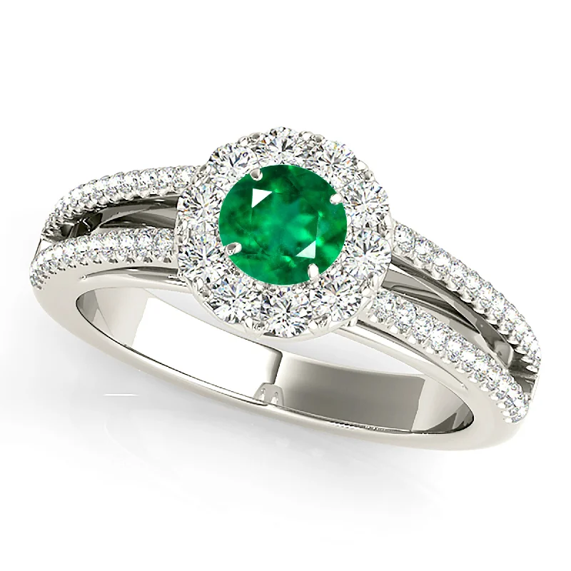 Gold Engagement Ring-0.85 ct. Genuine Emerald Ring With Halo And Split Band