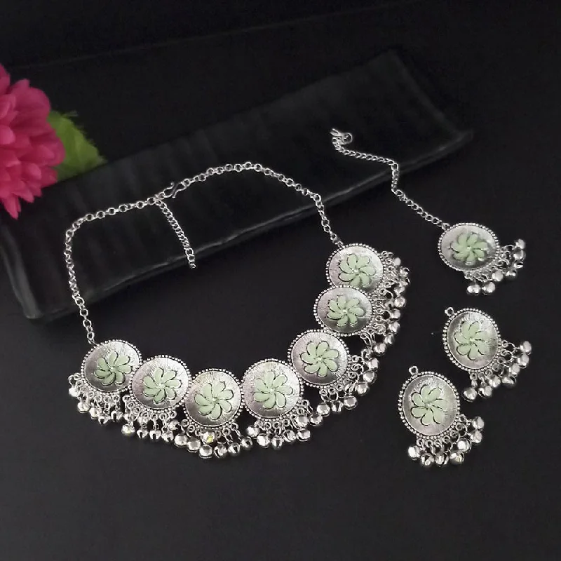 Long Statement Necklace-Kriaa Oxidised Plated Light Green Meenakari Necklace Set With Maang Tikka - 1116013E