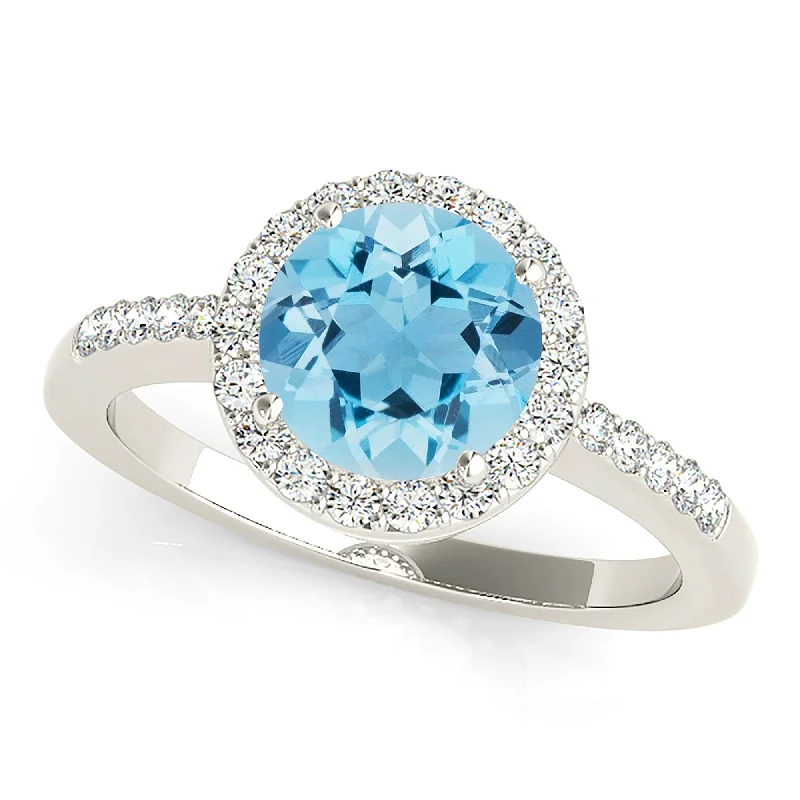 Wedding Ring Set with Diamonds-2.00 ct. Genuine Aquamarine Ring With Halo, Delicate Diamond Band