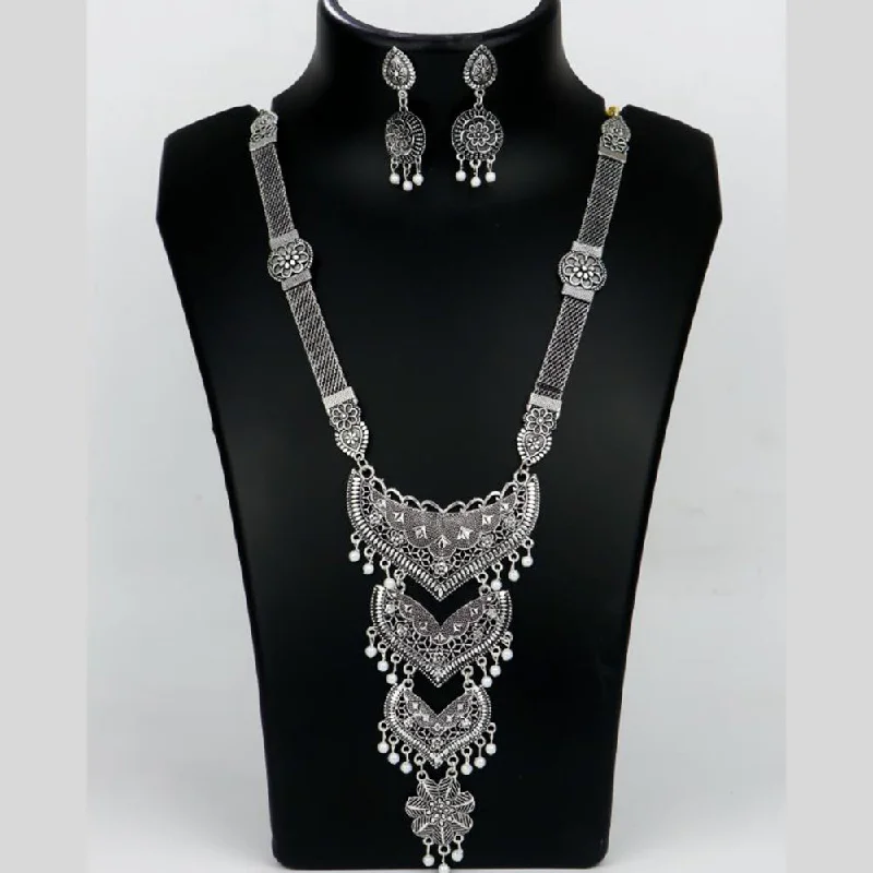 Sterling Silver Heart Necklace-Mahavir Oxidised Plated Long Necklace Set