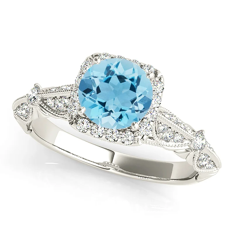 Custom Engraved Ring-1.10 ct. Genuine Round Aquamarine Ring With Cushion Halo,  Milgrain band