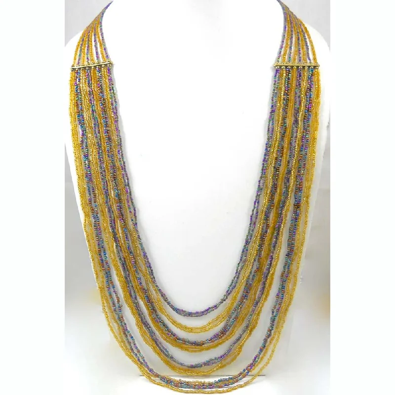 Vintage Pearl and Gold Necklace-Multi Layered Gold/Blue Rainbow Seed Bead Necklace