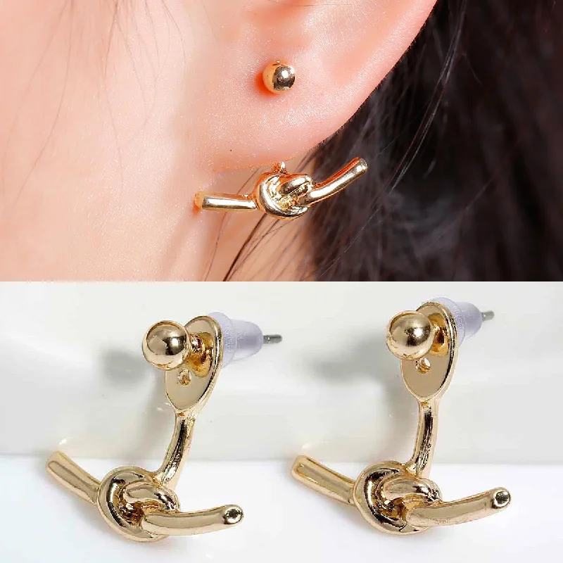 Pink Gold Earrings-Sexy Sparkles Ear Jacket Stud  Love Knot Gold Earrings Back Ear Cuffs Stud Earring