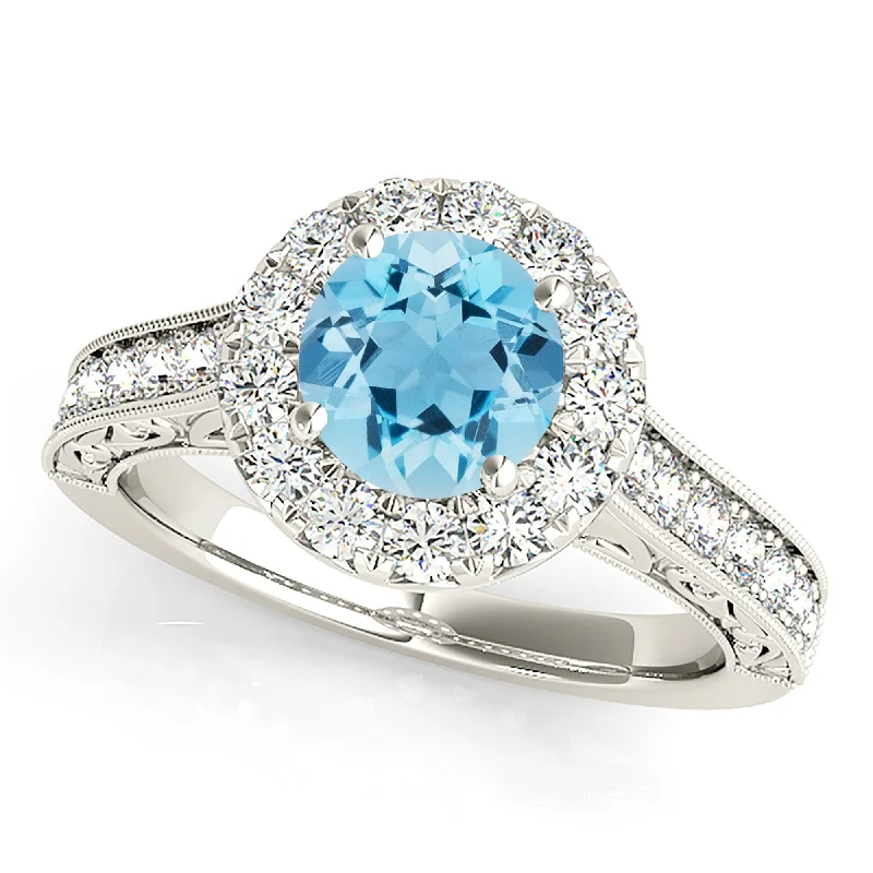 Gold Wedding Band Set-1.10 ct. Genuine Aquamarine Ring With Halo, Milgrain And Filigree Diamond Band