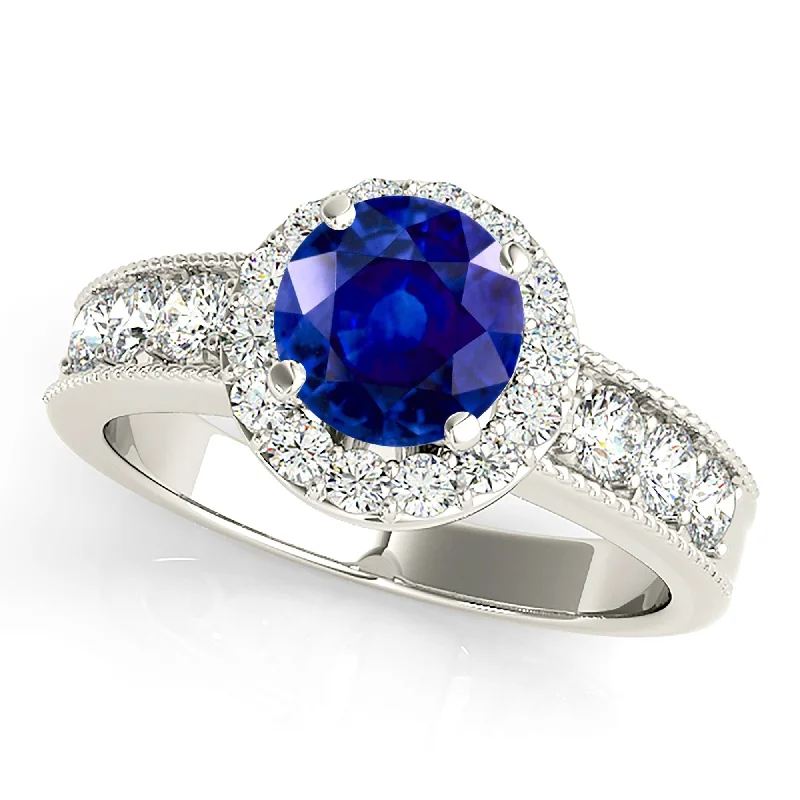 Personalized Promise Ring-1.35 ct. Genuine Blue Sapphire Halo Ring With Milgrain Side Diamonds