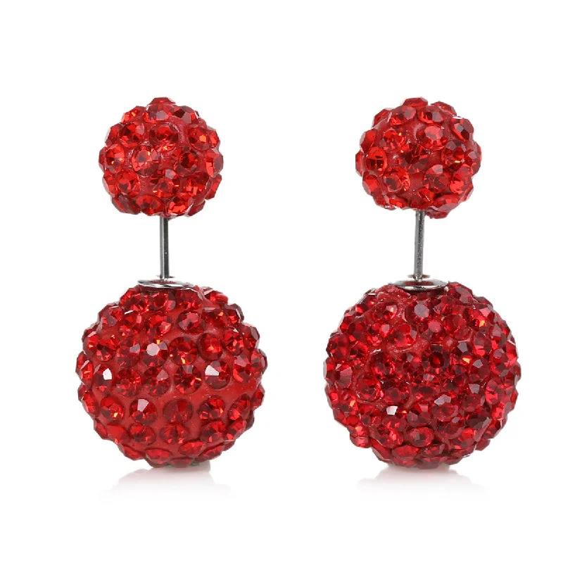 Tiny Stud Earrings-SEXY SPARKLES Clay Earrings Double Sided Ear Studs Round Pave Red Rhinestone W/ Stoppers