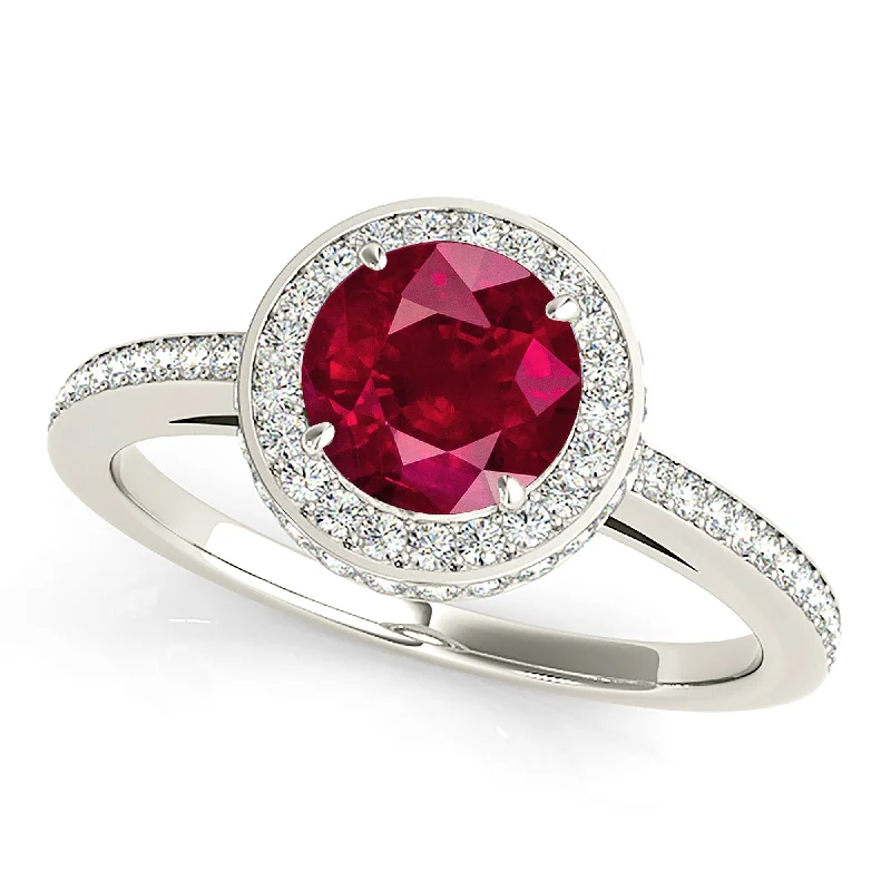 Rose Gold Stacking Rings-2.35 ct. Genuine Ruby Ring With Diamond 3D Halo And Delicate Diamond Band