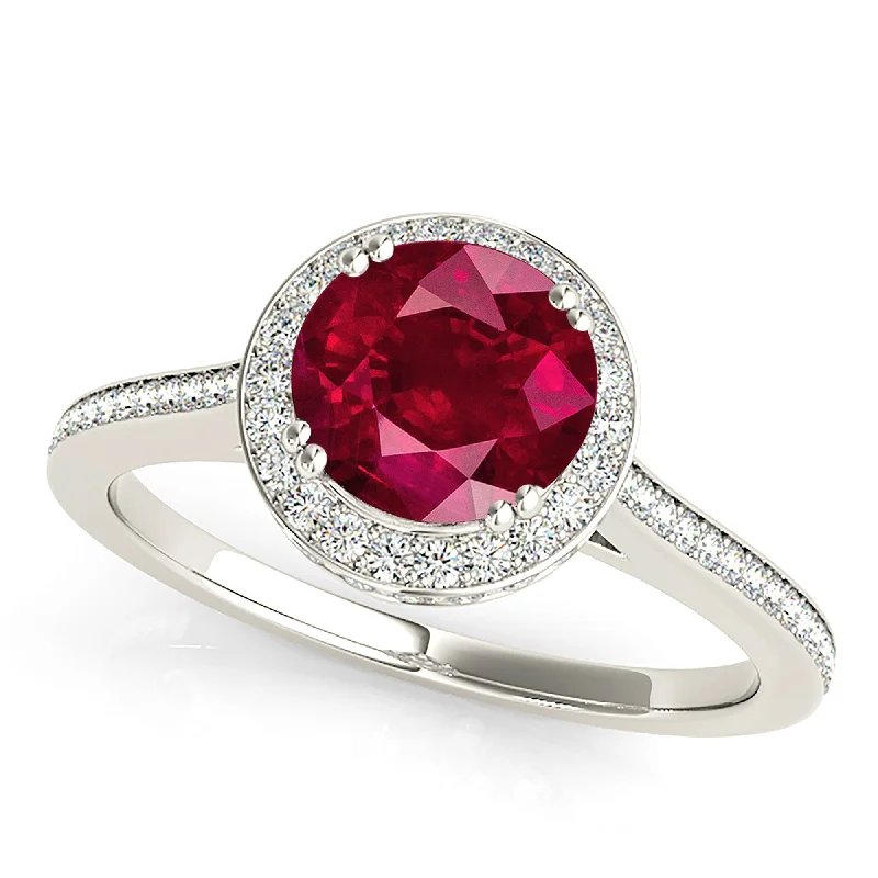 Designer Diamond Ring-2.35 ct. Genuine Ruby Ring With Halo And Thin Diamond band