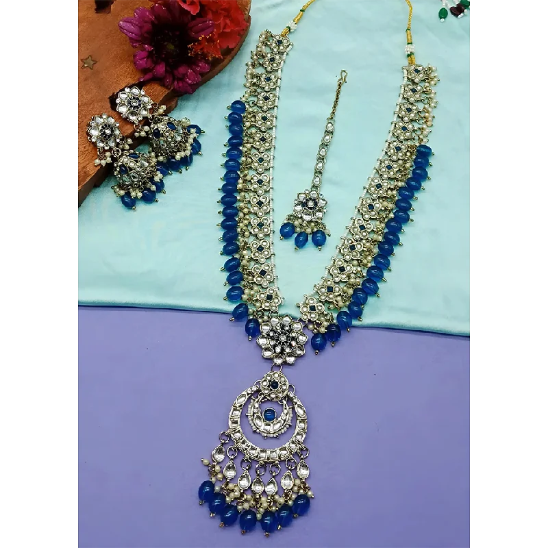 Luxurious Sapphire Necklace-Gehana Mahal Kundan Stone And Meenakari Pearls Long Necklace Set