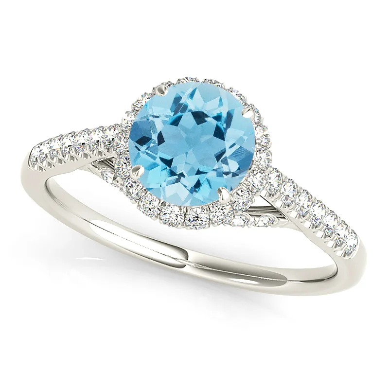 Couples Engagement Ring-1.10 ct. Genuine Aquamarine Ring With Halo and  Fancy Diamond Bridge Underneath