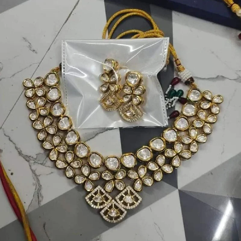 Heart Shaped Gold Necklace-FS Collection Gold Plated Kundan Stone Necklace Set