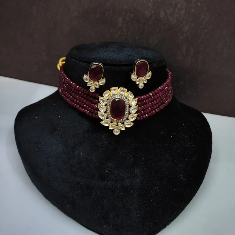 Choker Necklace for Women-FS Collection Gold Plated Kundan Stone And Beads Choker Necklace Set