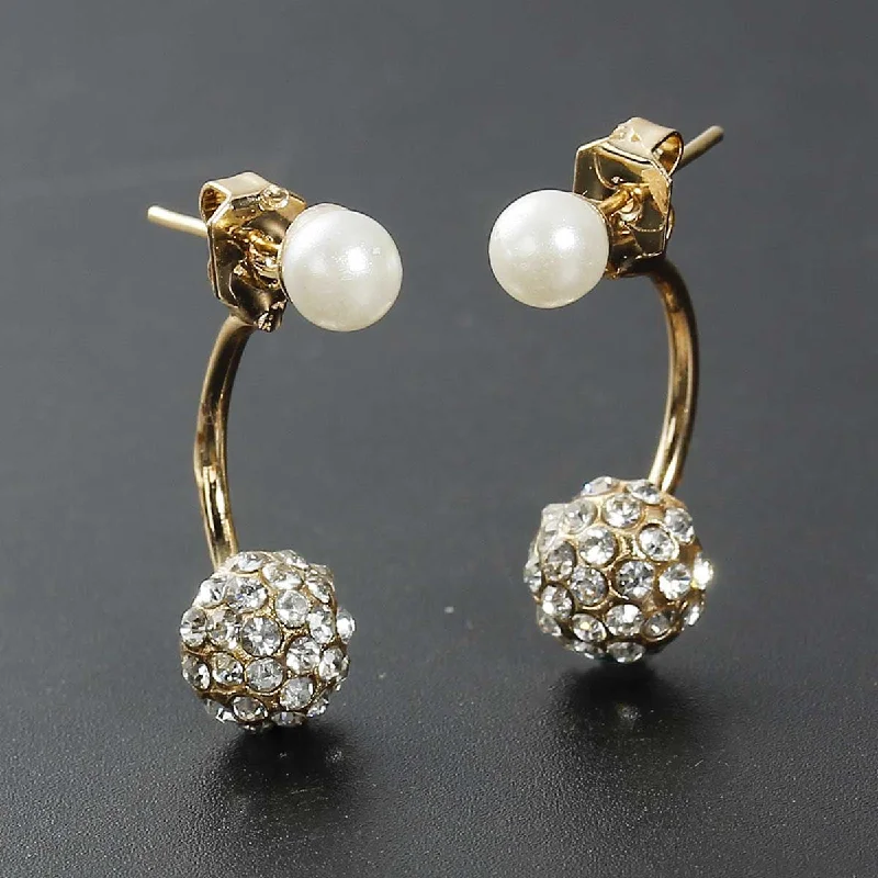 Minimalist Gold Earrings-SEXY SPARKLES Double Sided Ear Studs Earrings Round w/White Acrylic and Clear Rhinestone