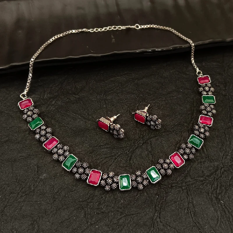 Colorful Glass Necklace-Deep Jewell Oxidised Plated Crystal Stone Necklace Set