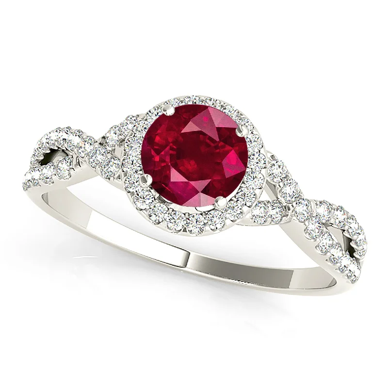 Unique Vintage Wedding Ring-1.35 ct. Genuine Ruby Ring With Halo And Twist Diamond band