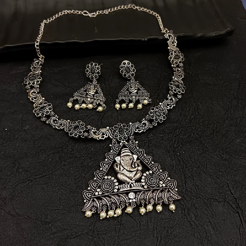 Gold Coin Necklace-Deep Jewell Oxidised Plated Ganesha Pearl Necklace Set