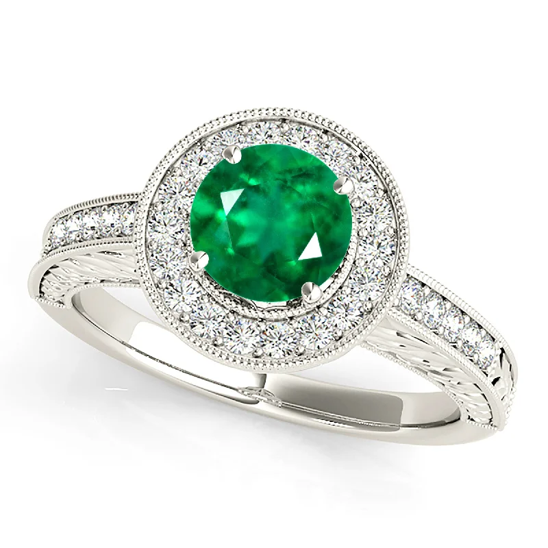 Wedding Ring Set with Diamonds-1.70 ct. Genuine Emerald Ring With Halo and Filigree Milgrain Diamond Band