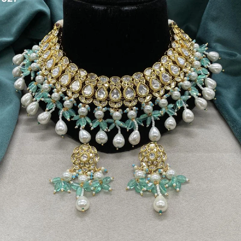 Colorful Glass Necklace-Amoliya Jewels Gold Plated Polki Kundan Stone And Pearls Choker Necklace Set