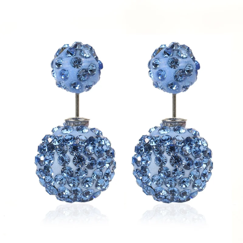 Pearl Drop Earrings-Sexy Sparkles Clay Earrings Double Sided Ear Studs Round Pave Blue Rhinestone W/ Stoppers