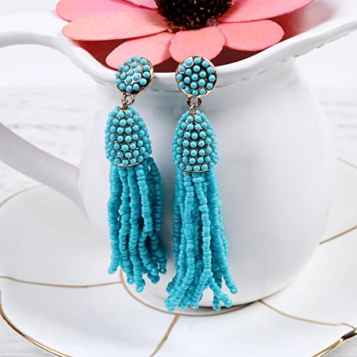 Classic Diamond Earrings-Sexy Sparkles Women's Beaded tassel earrings Long Fringe Drop Earrings Dangle